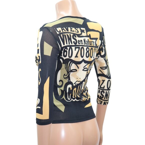 Y2K NOUN PARIS Logo Women's Faces Semi-Sheer Mesh 3/4 Sleeve Top M - Picture 5 of 8